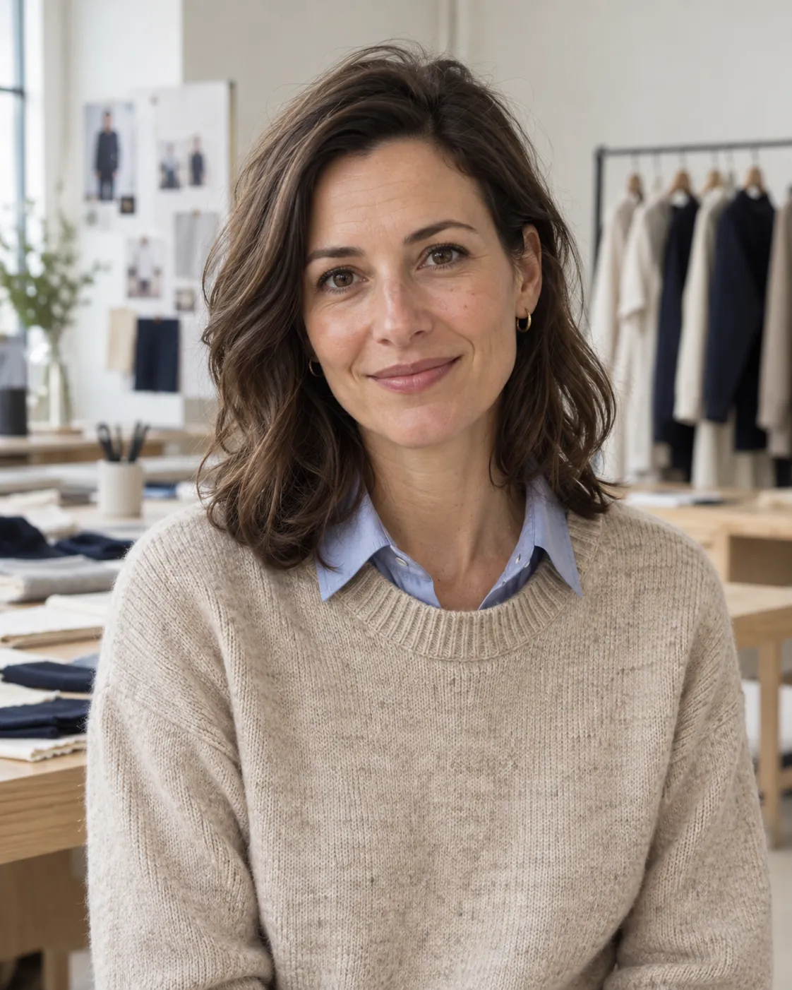 Frau im Strickpullover in einem Designstudio