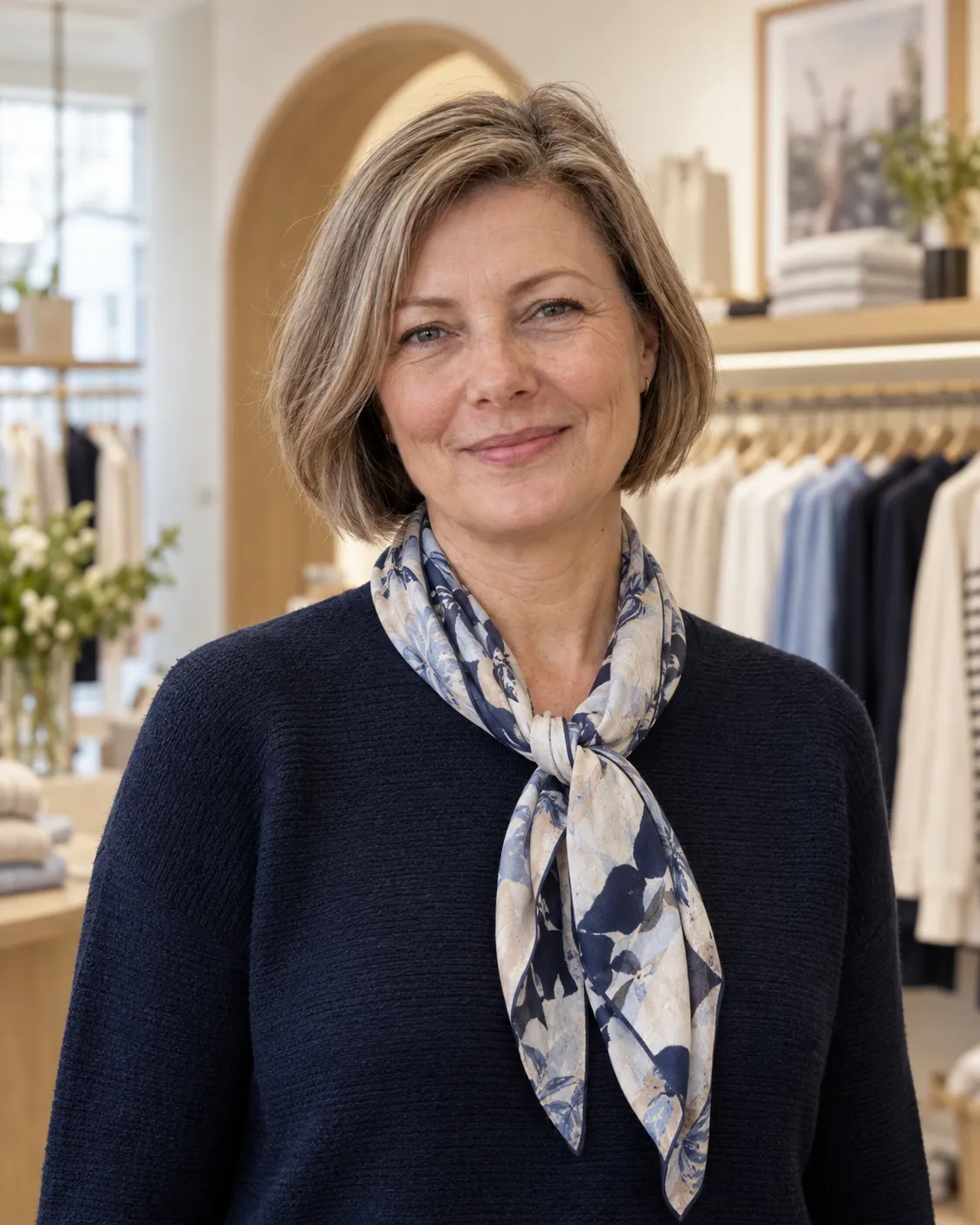 Frau mit Seidentuch in einem Store