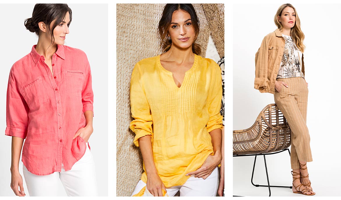 Linen-blouses-jackets-trousers Blusen, Jacken und Hosen aus Leinen