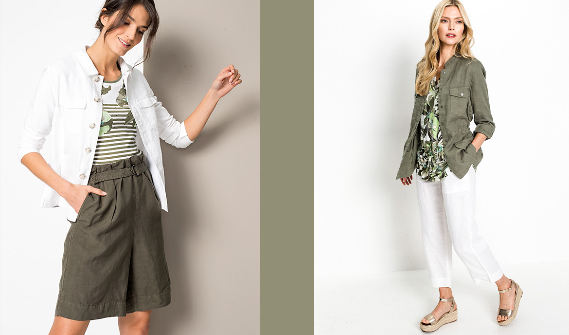 Linen clothing in the trend colours khaki and white