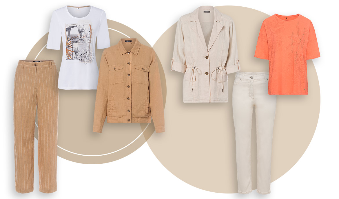 Fügen Sie Kleidung in Beige einen kleinen Farbtupfer hinzu oder wählen Weiß als Kombinationsfarbe