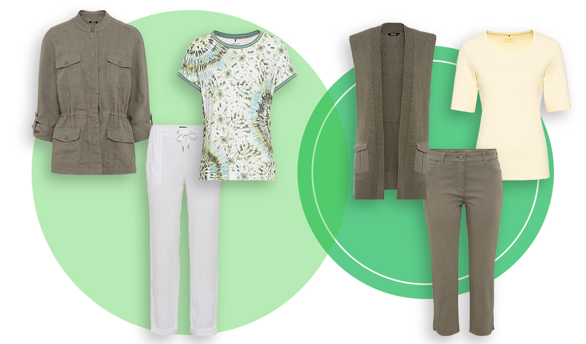 Combine bright white or a light yellow with khaki green