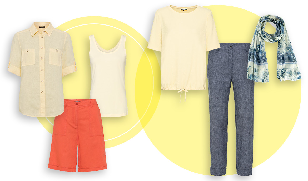 Połączenie żółtych ubrań z pomarańczowym lub jeansowym błęktiem 