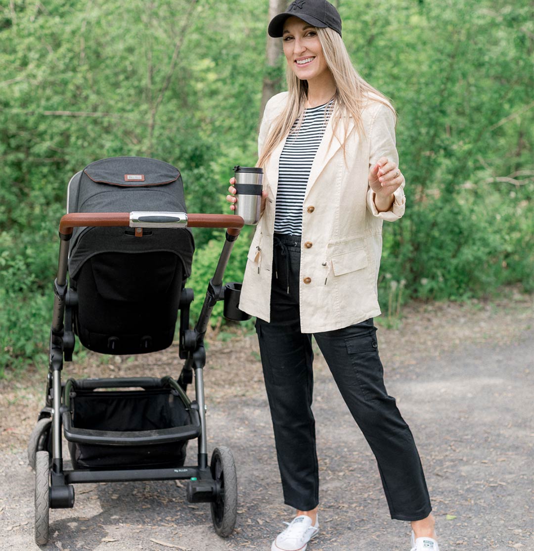 When taking her baby on a stroll, Caroline enjoys wearing sporty looks