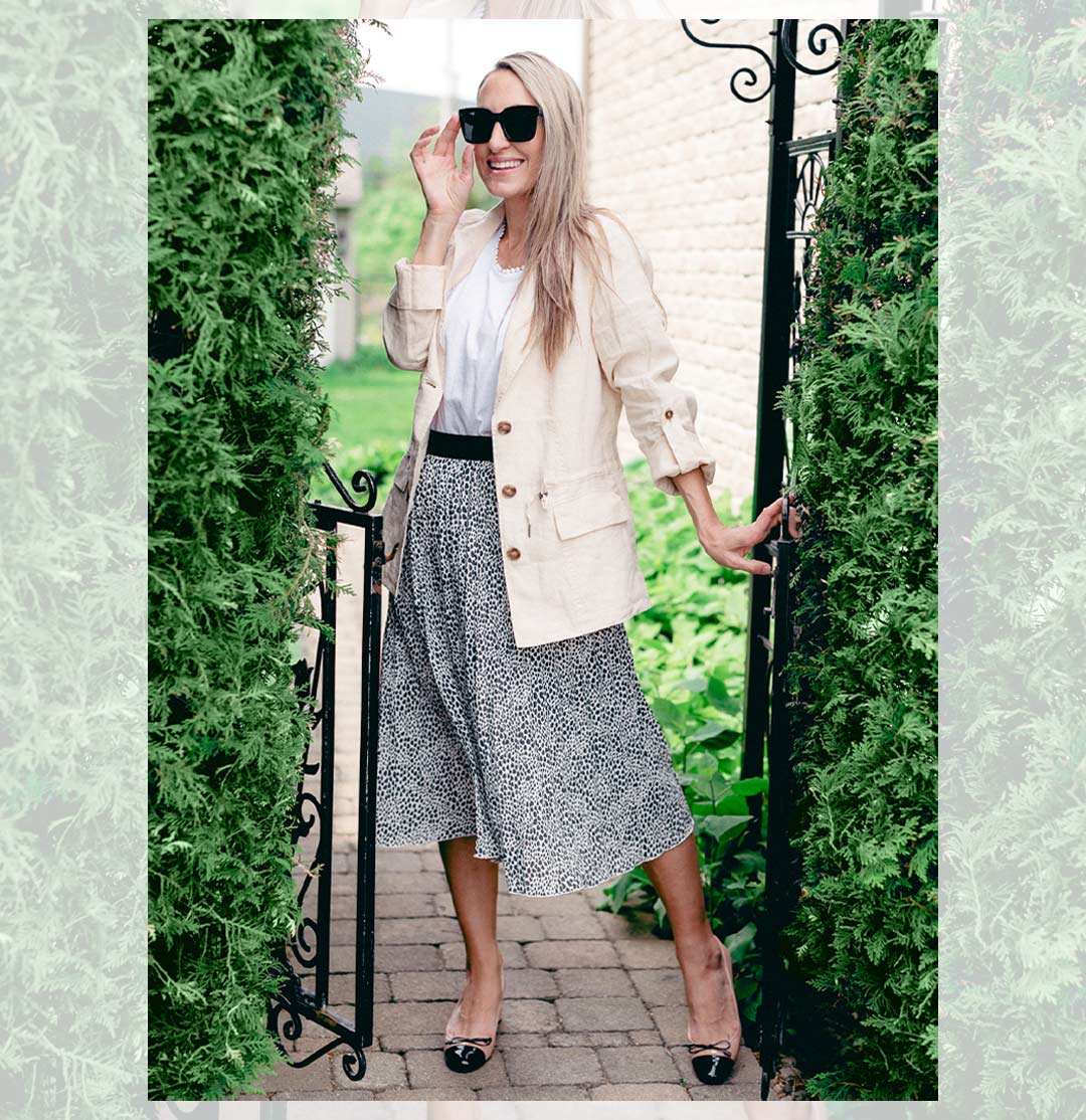 Caroline combines Olsen's linen blazer with an airy skirt for a more polished work-ready look