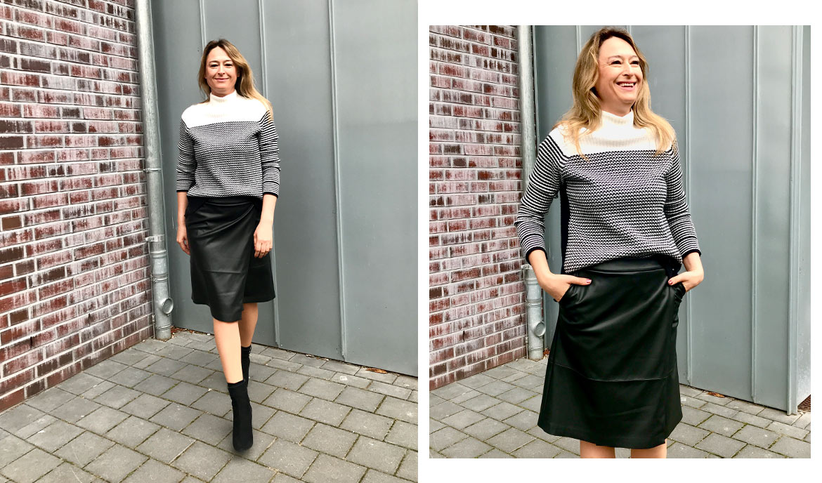 Viktoria combines the sweater with our vegan leather skirt