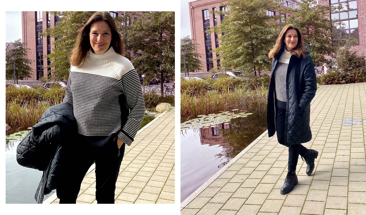 Christina integrates the sweater into her outdoor outfit