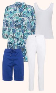 Outfit Nummer 2: Eine tolle Bluse mit Ozeanprint in unterschiedlichen Kombinationen