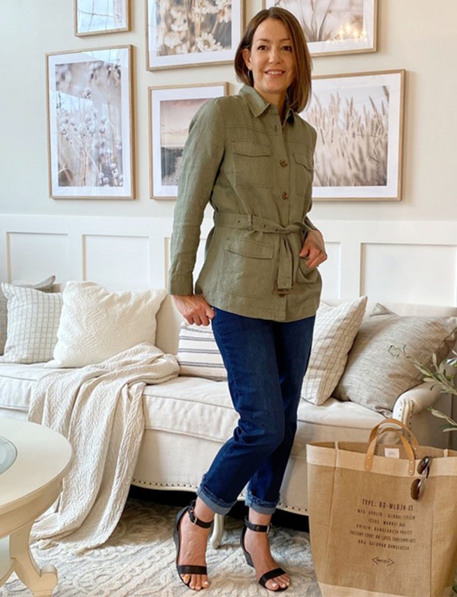 Shawna wearing her favorite linen jacket in combination with denim pants made from the eco-friendly REPREVE® fiber