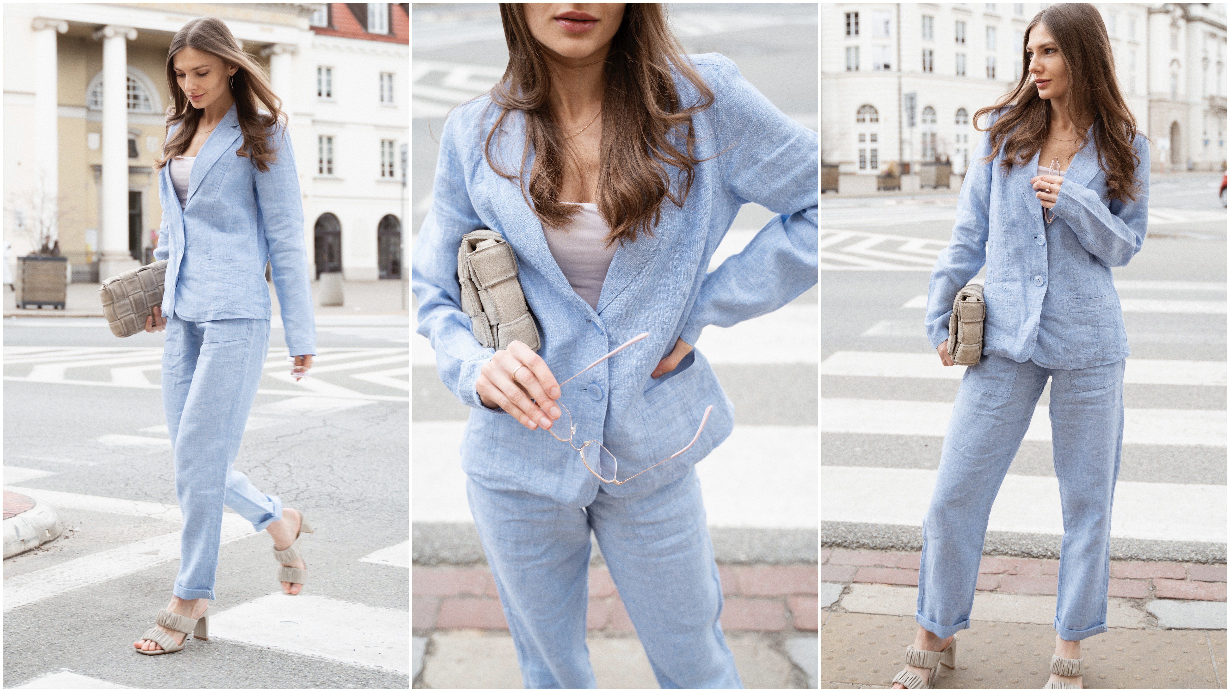 Influencer Monika loves the light blue linen suit from Olsen's Dolce Vita collection.