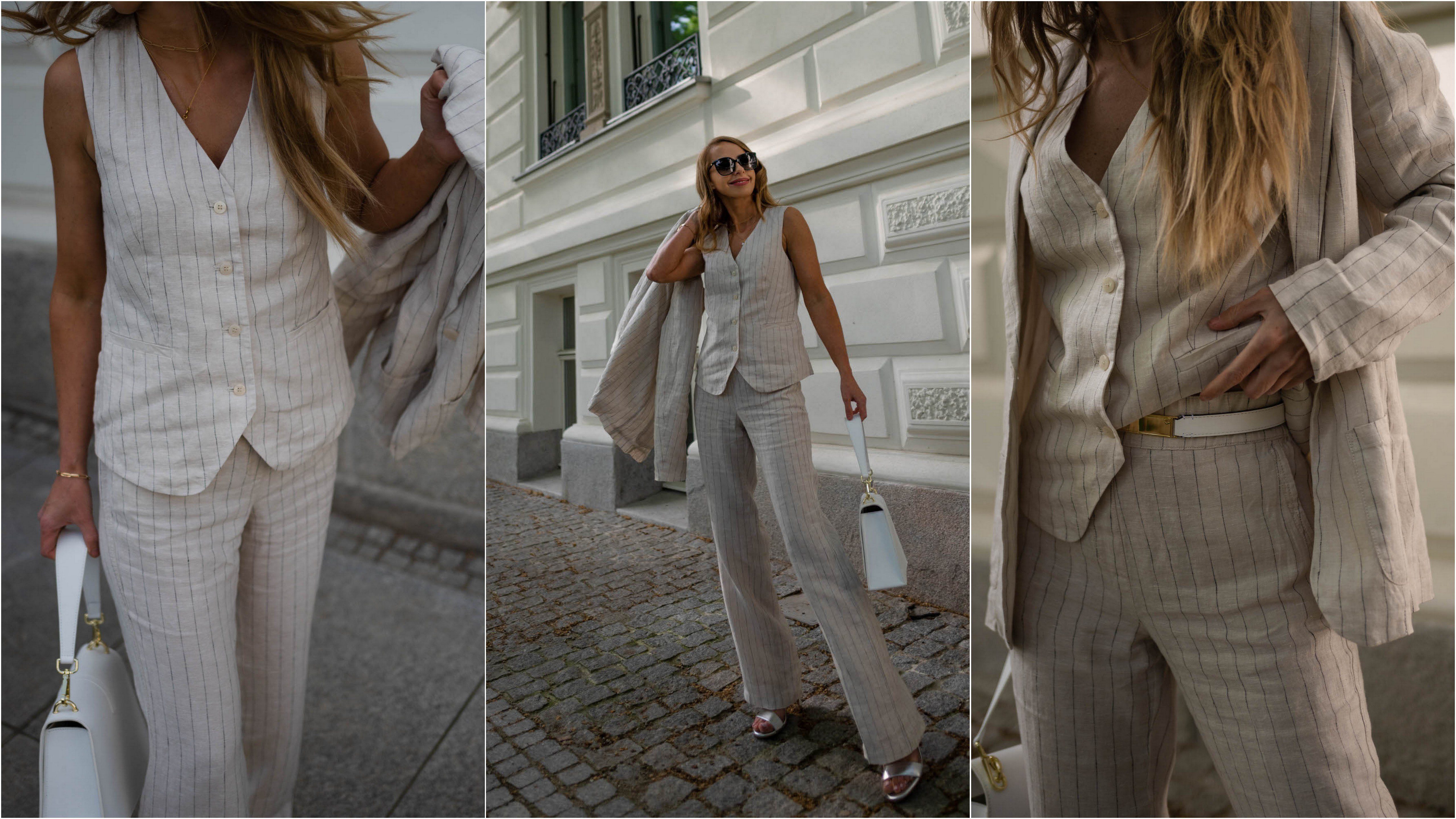 L'influenceuse Kamila a choisi le costume en lin à fines rayures de la collection City Culture d'Olsen.