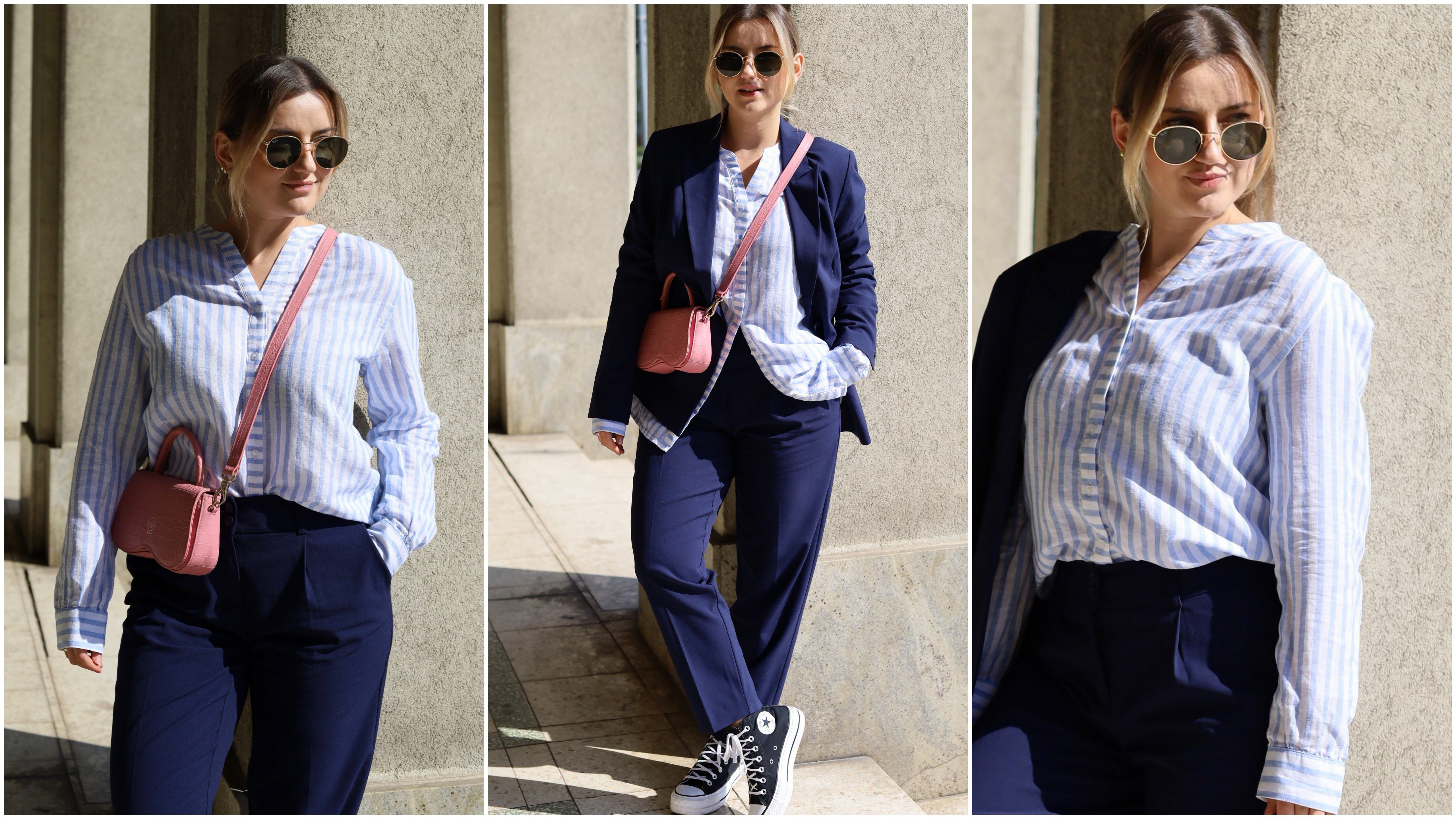 Paulina mag Stilbrüche und liebt die Kombination aus der gestreiften Bluse mit dem eleganten, dunkelblauen Anzug und Sneakern.
