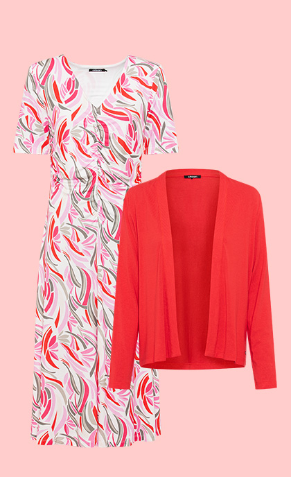 Feminine dress in a summery print with cardigan in fiery red